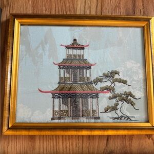 Framed Asian Pagoda Embroidery Art